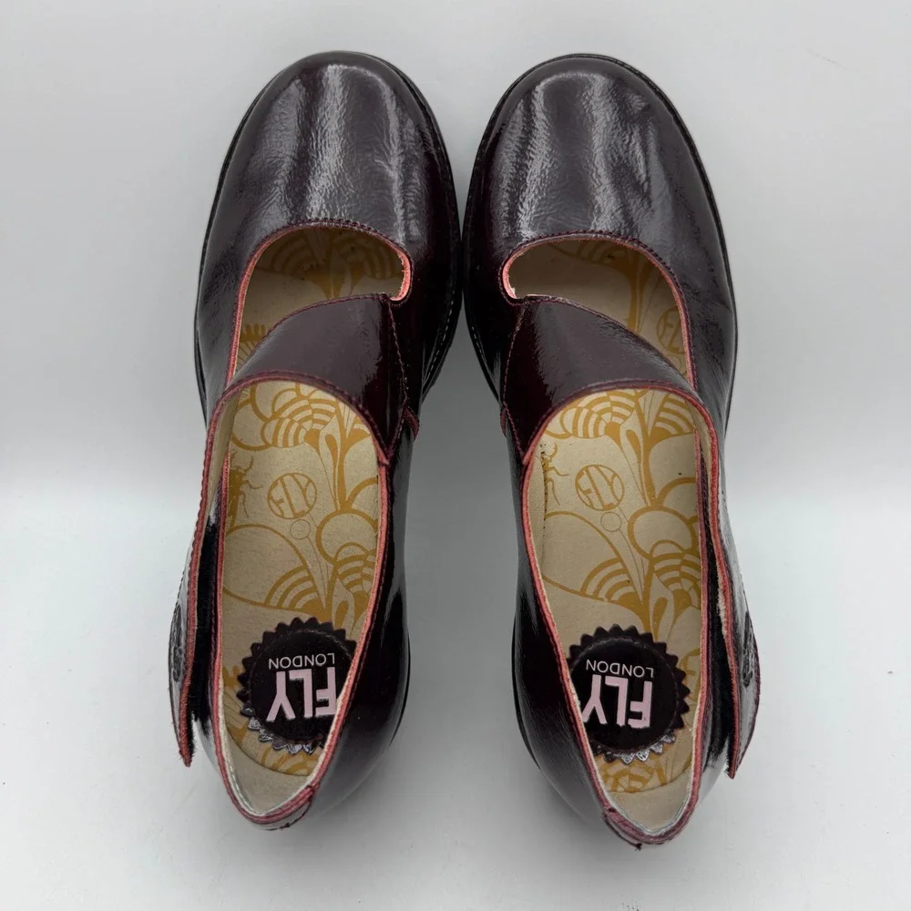 Fly London Wedge Pumps Women EU 37 US 6.5-7 Burgundy Patent Leather Mary Jane